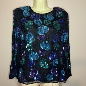 Black Indian Silk Floral Blue Purple Green Sequin Beaded Long Sleeve Top Size M